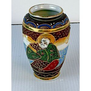 Vtg Japanese Rakan Satsuma Buddhist Immortals Gold Moriage Vase Gold Castle 4"